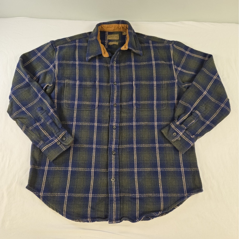 Vintage St Johns Bay Brawny Flannel Shirt Mens Large Green Blue Plaid Button Up